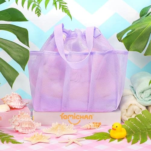 famichan Mesh Shower Caddy Portable with Drawstring, Dorm Room Essentials for College Students Girl & Boy, Larger Shower Bag for Camping,Swimming,Gym,Travel,Bathroom - Purple thumbnail 2