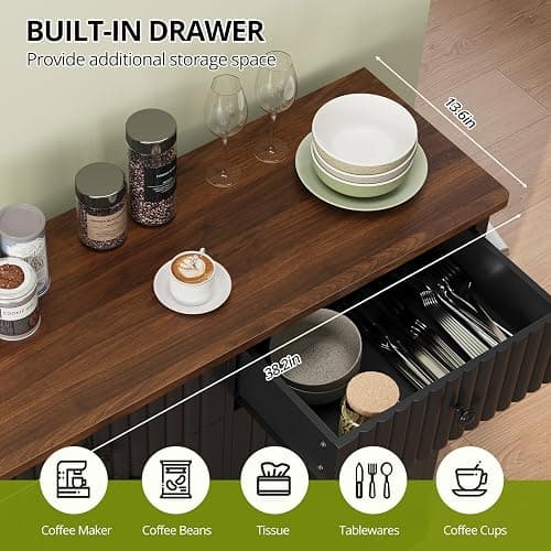 VKUCI Double Tilt Out Trash Can Cabinet, 20 Gallon Fluted Laundry Hamper Cabinet with 2 Drawers, Wooden Hidden Garbage Can Cabinets for Kitchen, Living Room, Without Trash Bin or Laundry Hamper,Black thumbnail 5