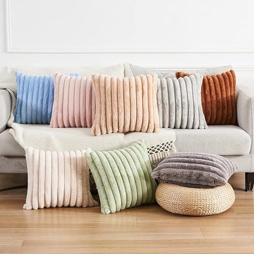 Joyouth Pack of 2,Double-Sided Faux Fur Plush Decorative Throw Pillow Covers Fuzzy Striped Soft Pillowcase Cushion Covers for Sofa Couch Bedroom White 16x16 inch thumbnail 5