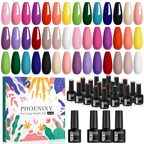 PHOENIXY 24 PCS Gel Nail Polish, Pink Purple 21 Colors Gel Nail Polish Set with Base Glossy Matte Top Coat Black Red Nail Kit Gifts for Women - Image 1
