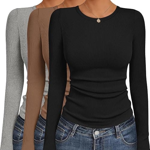 Ekouaer Women's Long Sleeve Shirts 3 Packs Crew Neck Stretchy Fitted Tops Ribbed Base Layer Soft Thermal Undershirts Tee - Image 1