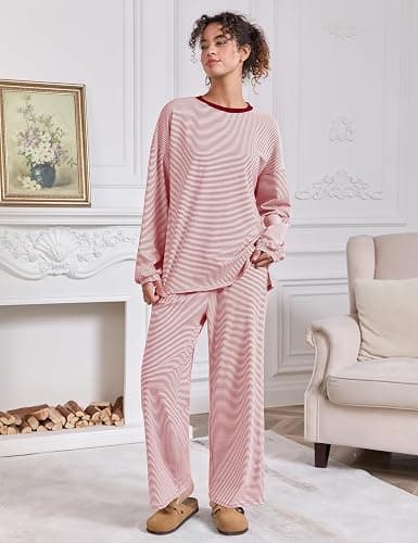 MISSACTIVER Women's 2 Piece Striped Lounge Set Long Sleeve Oversized T-Shirt Wide Leg Pants Matching Pajamas Set thumbnail 2