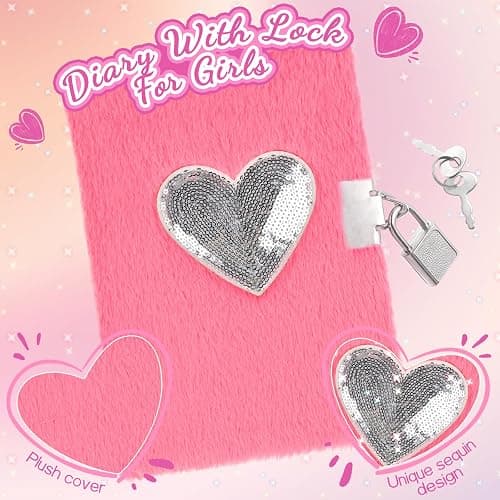 PrinBarBee Heart Diary with Lock, Secret Journal Gift for Girls Ages 8-10, Pen & Stickers thumbnail 3