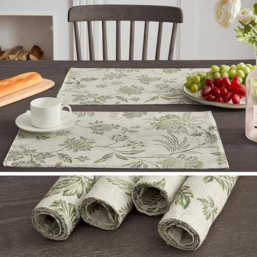 JINCHAN Linen Floral Fall Placemats Set of 4 Cloth Table Mats Rustic Cottagecore Jacobean Outdoor Seasonal for Kitchen Dining Table Decor Washable Tablemats 13x19 Inch Green thumbnail 3