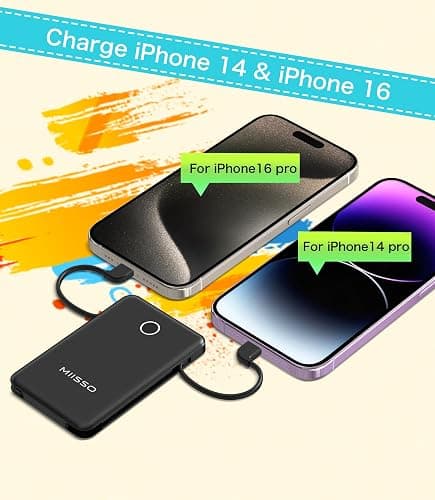 6000mah Ultra Slim Built in Cables Power Bank, Card Size Built in USB C Cords Battery Pack Portable Charger for Phones, 3 Output External Battery Pack Compatible with iPhone, Samsung, Deep Black thumbnail 5