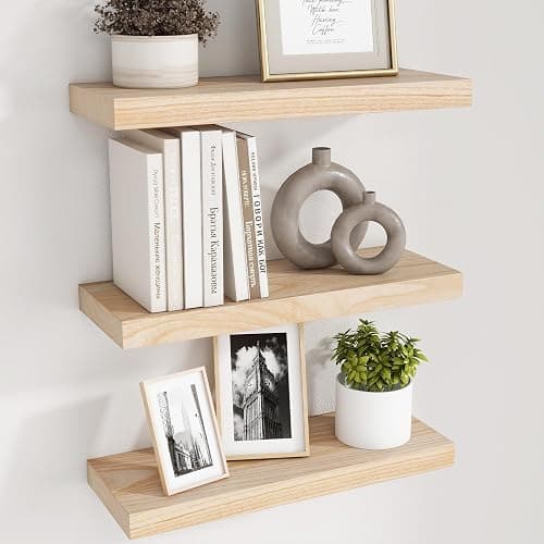 fuqing Natural Wood Floating Shelves - Wood Floating Shelves for Wall Set of 3-17 Inch Wide x 6.7 Inch Deep Natural Wooden Shelves for Living Room Bedroom Home Office - Image 1