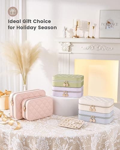 Lolalet Travel Jewelry Case for Women Girls, Travel Jewelry Organizer with Clear Storage Bag Small Portable Jewelry Box for Necklace Bracelet Earring Ring Valentines Bridesmaid Gifts -Medium/Beige thumbnail 8