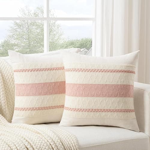 Fancy Homi Set of 1 Boho Pink Decorative Throw Pillow Cover 20x20 Inch for Couch Bed Sofa, Aesthetic Modern Organic Farmhouse Home Decor, Soft Cotton Cute Accent Macrame Woven Cushion Case thumbnail 2
