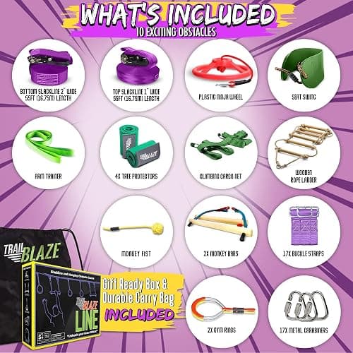 Ninja Warrior Obstacle Course for Kids Workout Equipment, 2 x 55ft Slacklines with 10 Weatherproof & Durable Ninja Kids Toys - Ninja Course for Kids Outside , Kids Obstacle Course Backyard thumbnail 4