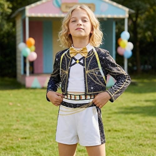 SAVITO Pop Idol Cosplay Costume Popular Singers Stage Costumes for Ages 3-12 Black Printed Costumes Black B thumbnail 6