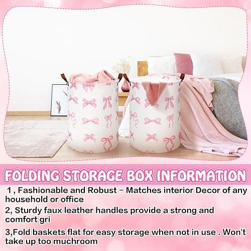 CroBlissful 2 Pcs Coquette Pink Bow Laundry Basket Coquette Storage Basket for Girls Nursery Hamper with Handles Foldable Waterproof Collapsible Storage Bin Organizer for College Dorms Bathroom (Bows) thumbnail 6