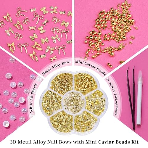 3D Metal Alloy Nail Bows Kit - Silver & Gold Bowknot Charms with 1-3mm Mini Caviar Beads, Tweezers, Pickup Pencil, Cute Nail Charms and Gems Jewelry in Petal-shaped Box (Gold-kit-1) thumbnail 2