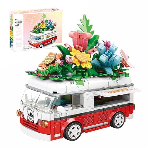 VannMold Flower Car Building Block Set, Van Car with Flower Bouquet Basket, Artificial Flowers Building Kit for Home and Office Décor, Birthday Toys for Girl Aged 6-12+, 457 PCS - Image 1