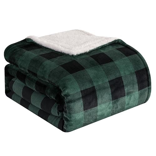 Elegant Comfort Ultra Soft Reversible Buffalo Plaid Flannel Sherpa Blanket - Cozy Silky Checkered Fleece Throw for Couch, Bed - Plush Fuzzy Warm Winter Blanket for Gift, Queen, Green - Image 1