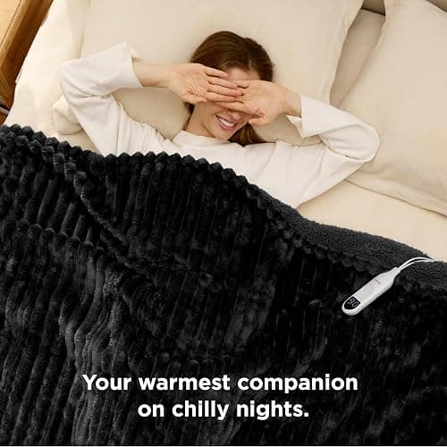 Bedsure Heated Blanket Full Size - Thick Striped Fast Heating Electric Blanket with Preheat Function, 6 Heat & 6 Timer (Up to 10H), 8H Auto Off, ETL Certified, Gift for Grandma (72"x84", Black) thumbnail 5