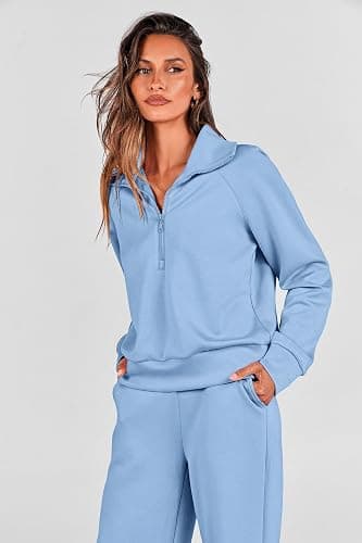 PRETTYGARDEN Women's 2 Piece Outfits Casual Lapel Half Zip Sweatshirts And Wide Leg Pants Tracksuit Sets thumbnail 3
