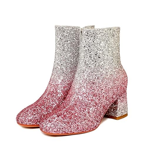 MAVMAX Women's Sequin Glitter Ankle Boots Chunky Heels Sparkly Booties - 8.5 Silver Purple thumbnail 2