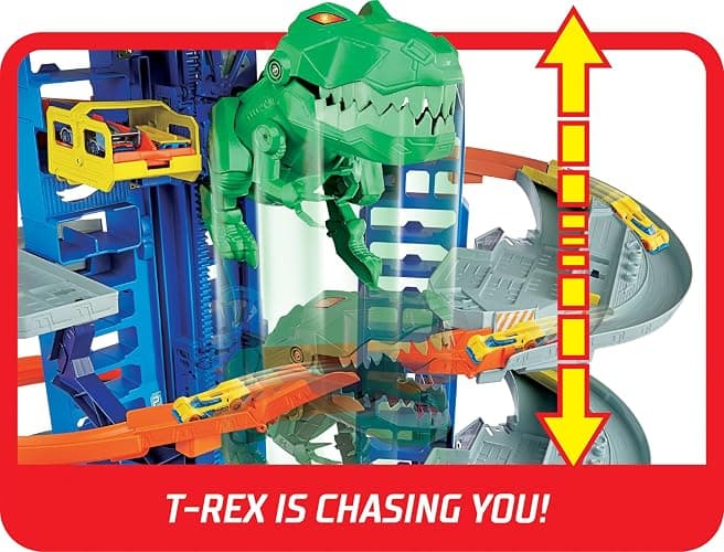 Hot Wheels Ultimate Garage Track Set with 2 Toy Cars, Hot Wheels City Playset with Multi-Level Side-by-Side Racetrack, Moving T-Rex Dino & Storage for 100+ 1:64 Scale Vehicles (Amazon Exclusive) thumbnail 5