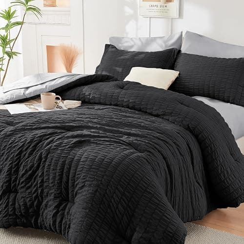 HYMOKEGE Black/Light Grey Queen Comforter Set Seersucker 7 Pieces, All Season Luxury Bed in a Bag for Bedroom, Bedding Set with Comforters, Sheets, Pillowcases & Shams - Image 1