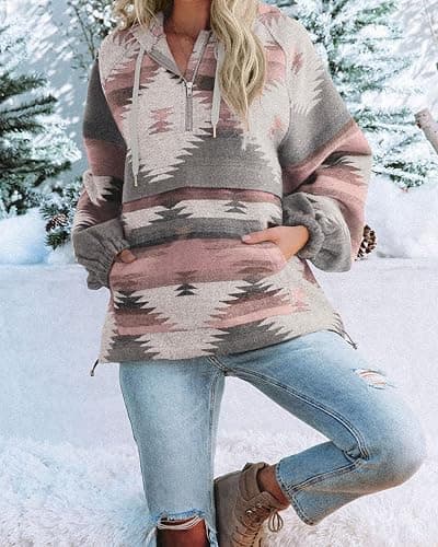 Fessceruna Womens Aztec Half Zip Up Hoodies Sweatshirt Casual Long Sleeve Oversized Ethnic Tribal Hooded Pullover Shirt Top thumbnail 2