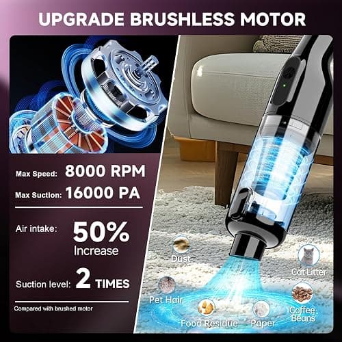dormzie Handheld Vacuum Cordless, 16000Pa Powerful Suction, Lightweight at 1.3 lbs, Type-C Charge, Multiple Accessories, Rechargeable Car Vacuum Cleaners for Home Office Pet thumbnail 3