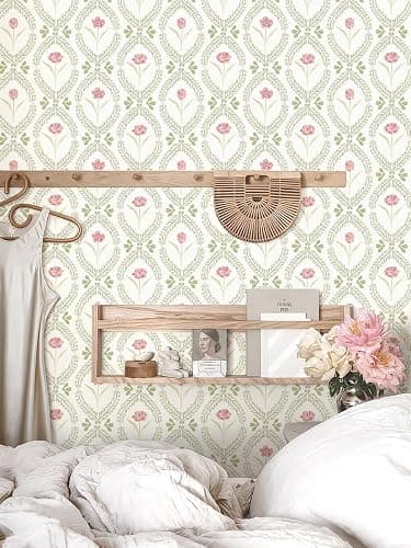 *BOUGHT* Orainege Peel and Stick Wallpaper Floral Wallpaper 16.9in x196.8in Green Pink Leaf Contact Paper Vinyl Waterproof Self Adhesive Boho Botanical Wall Paper for Bedroom Shelf Cabinet Decor thumbnail 7