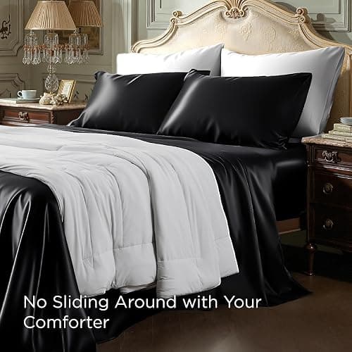Bedsure Black Satin Sheets Queen Size - 4 Piece Silky Bedsheets with 15 Inches Deep Pocket Fitted Bedsheet,1 Flat Sheet, 2 Satin Pillowcases, Good for Hair & Skin (Queen, Black) thumbnail 4