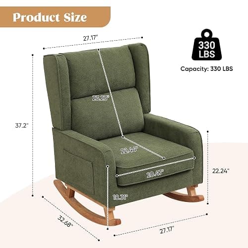 HCHAIRH Nursery Rocking Chairs, Rocking Chair Nursery for Mom Nursery Rocker with High Backrest and Solid Wood Legs, Modern Wingback Accent Rocking Chair for Reading Living Room Bedroom Green thumbnail 2