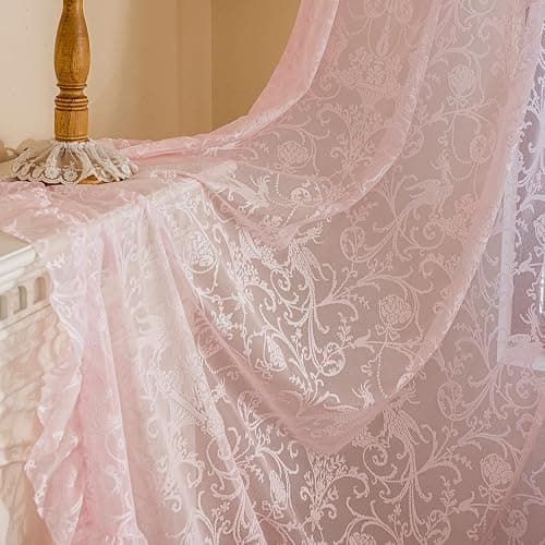 TUDECO Pink Lace Curtains 84 Inch Long, Romantic Ruffle Edges, 2 Panels | Light Pink, Coquette Princesscore Look, Vintage Floral, Bedroom Living Room Decor, Soft Light Filtering, Semi-Privacy thumbnail 6