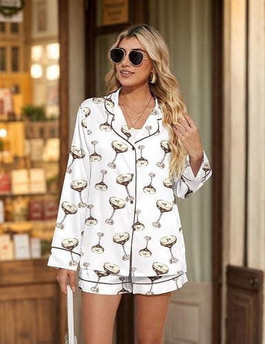 SHESHOW Satin Pajama Set for Women Button Down Long Sleeve Top and Shorts Loungewear Set Funny Print Sleepwear XS-XXL thumbnail 5