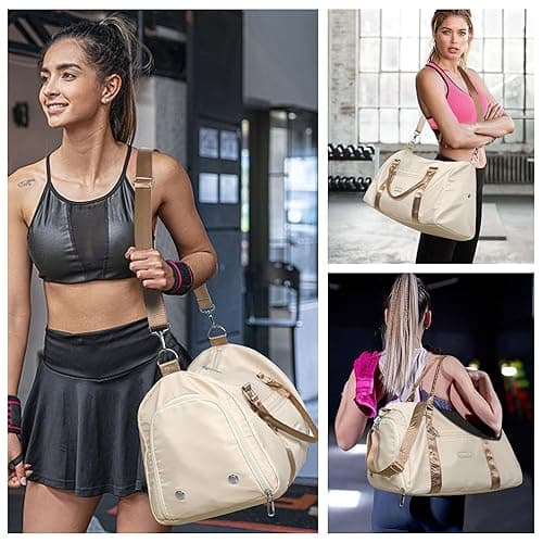 FIORETTO Womens Gym Tote Duffle Bag with Wet Pocket & Shoe Compartment, Sports Duffel Overnight Weekender Hospital Workout Carry on Bag for Girls, Ideal for Travel, Swimming, Dance, Ballet Beige - Beige & Brown - Gym Bag thumbnail 6