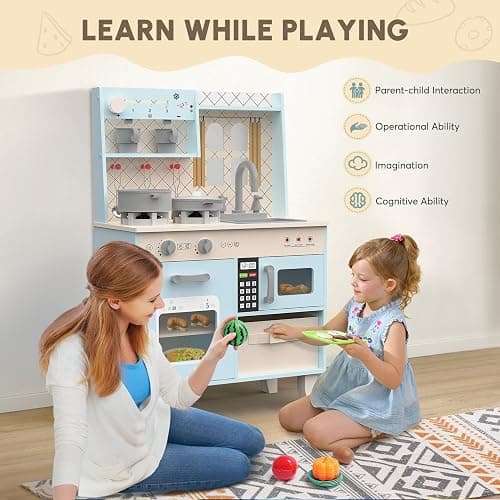 BIERUM Play Kitchen w/Realistic Lights, Sounds, Pretend Play Set for Kids | Interactive Wooden Kitchen with Coffee Maker & Microwave, 24 Pcs Toy Food & Cookware Accessories, Toddlers Gift for Ages 3+ thumbnail 8