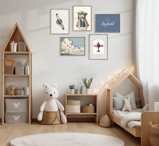 Vintage Baby Boy Nursery Wall Art Retro Airplane Travel Kids Room Canvas Wall Decor Teddy Bear Pictures Navy Blue Aviation Posters Cloudy Sky Painting Print Artwork for Boy Room Playroom, Unframed thumbnail 8
