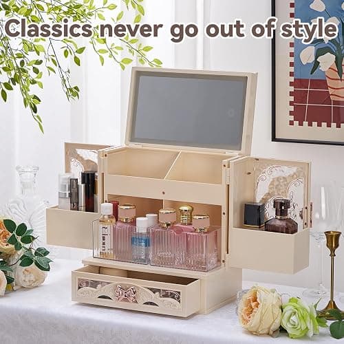 Large Cosmetic Mirror Storage Box with LED Light Cosmetics Organizer Box, Vintage Style Storage Box Dustproof Waterproof Bathroom Counter Storage for Skincare Lipstick Makeup Brushes Gifts(White) thumbnail 7