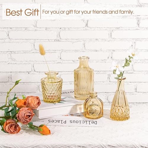 Gold Amber Glass Bud Vases Set of 12, Small Vases for Flowers | Mini Vintage Vases, Bud Vase in Bulk, For Wedding Decor, Single Flowers, Office and Home Table Flower Décor thumbnail 7