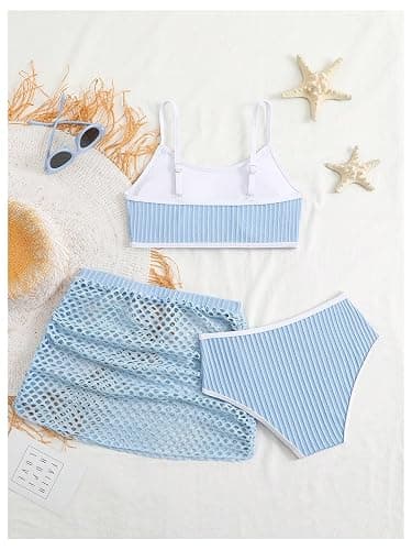 SHENHE Girl's 3 Piece Swimsuits Color Block Adjustable Strap Bikini Bathing Suit with Skirt Cover Up thumbnail 2