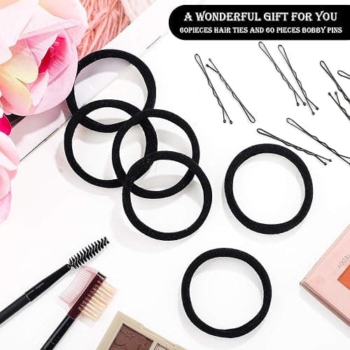 60 Black Seamless Hair Ties and 60 Black Bobby Pins with Box for Thick, Heavy, and Curly Hair - No Metal Ponytail Holders for Girls and Women thumbnail 4