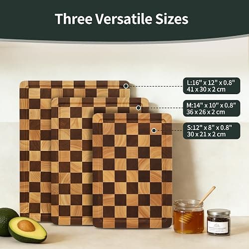 WILLKOMMEN Checkered Cutting Board Set, 3-Piece Wood Checkerboard End Grain Chopping Boards with Holder & Juice Groove Wooden Kitchen Cutting Board for Cooking and Serving (S, M, L) thumbnail 3