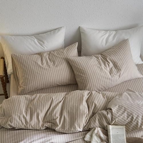 MooMee Bedding Pillowcases Striped Pack of 2 100% Washed Cotton Linen Like Textured Breathable Durable Soft Comfy (Tannish Linen Grey White Wide Stripes, Standard) thumbnail 3