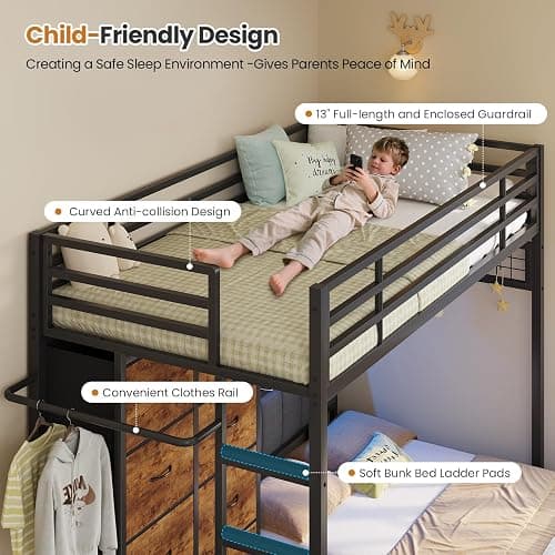 DICTAC Twin Over Twin Bunk Bed with 8 Storage Drawers and Led Lights Metal Bunk Beds with Storage Headboard and Charging Station,L-Shaped bunk Bed for Kids/Teen with Safety Guardrail and Ladder,Black thumbnail 6
