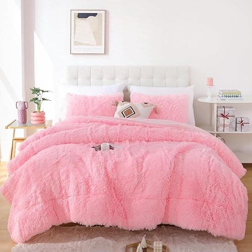 Smoofy Fluffy Queen Comforter Set, Faux Fur Pink Comforter Set Queen Size, Luxury Fuzzy Bedding Set, Soft Shaggy Bed Set Pink for All Season, 3 Pieces - 1 Comforter & 2 Pillowcases thumbnail 4