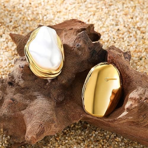 Dckazz Vintage Pearl Earrings Chunky 14K Gold Plated Pearl Earrings for Women Oval Stud Non Tarnish thumbnail 6