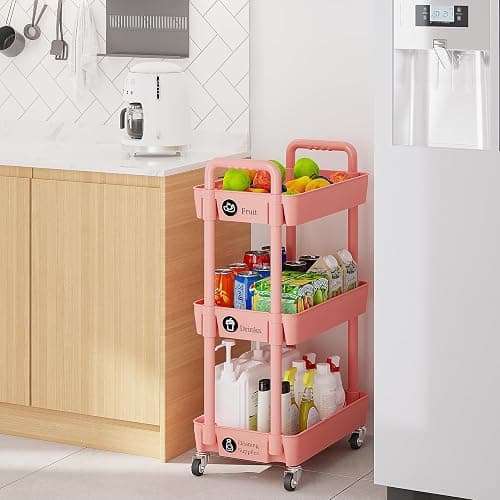 Laiensia 3-Tier Rolling Cart with Wheels,Multifunction Utility Storage Carts, Kitchen Storage Organizer,Mobile Shelving Unit for Bathroom,Laundry,with Classified Stickers,Pink thumbnail 5