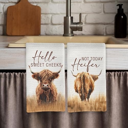 Qeheb Western Highland Cow Bathroom Decor Towels, Farmhouse Hello Sweet Cheeks Hand Towel Decorative Set, Christmas Bathroom Decor, Christmas Highland Cow Lover Gifts Hand Dish Tea Towels 16x24in thumbnail 7