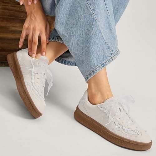 Vilanva Women's Lace Detail Fashion Sneakers Comfortable Casual Dress Sneakers with Retro Gum Sole Walking Trendy Footwear thumbnail 2