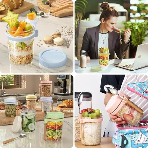 HomArtist 16oz Overnight Oats Containers with Lids and Spoons, 4 Pack Wide Mouth Mason Jars with Airtight Lids, Overnight Oats Jars for Salad, Chia Seed, Cereal, Yogurt thumbnail 8