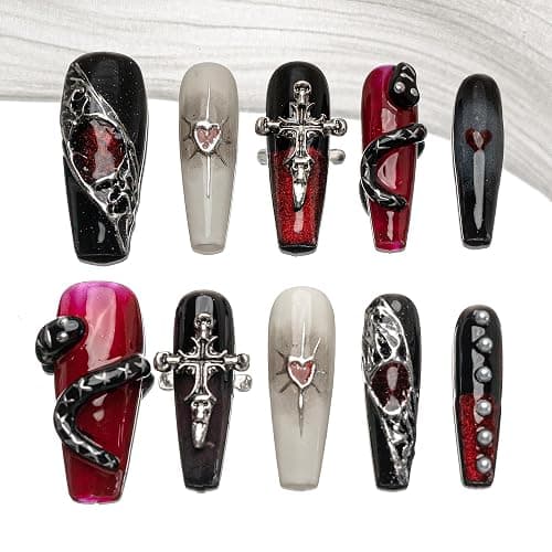 Sun&Beam Nails Handgefertigte Kunstnägel Lang Sargform Ballerina Nägel zum Aufkleben in Rot Schwarz Y2K Halloween Ombre Design mit Klebepads 10 Stück (#189 M) - Image 1