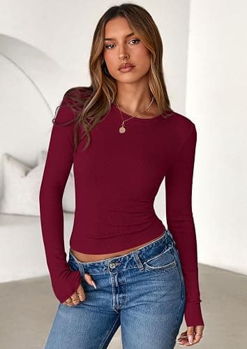 PRETTYGARDEN Women 2025 Fall Clothes Long Sleeve Shirts Ribbed Knit Fitted Basic Tee Going Out Tops Underscrub Casual Outfits thumbnail 3
