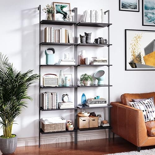 ODK 6-Tier Ladder Shelf, 87 Inches Wall Mounted Ladder Bookshelf with Metal Frame, Open Industrial Shelves for Home Office, Bedroom and Living Room, Black - 12"D x 24"W x 87"H - Black thumbnail 8