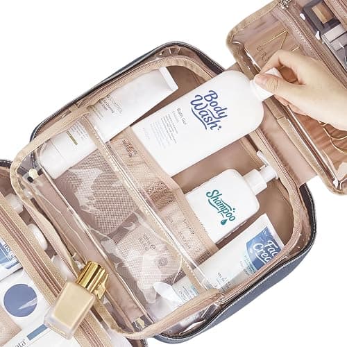 NISHEL Travel Toiletry Bag for women, Portable Hanging Organizer for Full-Sized Shampoo, Conditioner, Brushes Set, Makeup Accessories, Large Size, Aegean-Blue thumbnail 5